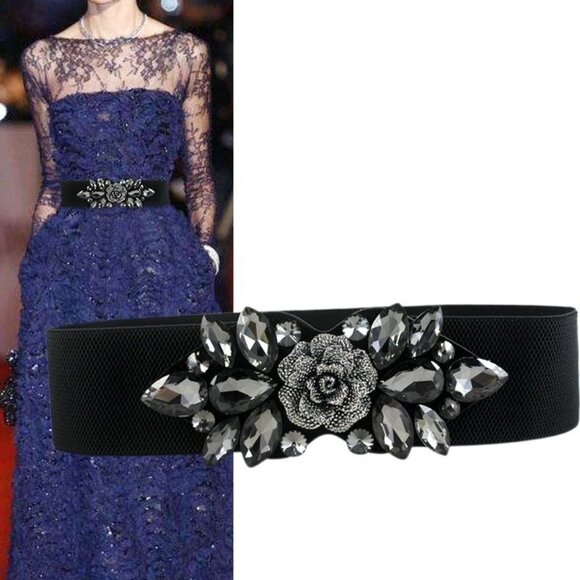 NEW 2/$30 Vintage Style Black/Silver Rose Rhinestone Stretch Belt Snap Closure - Picture 1 of 9